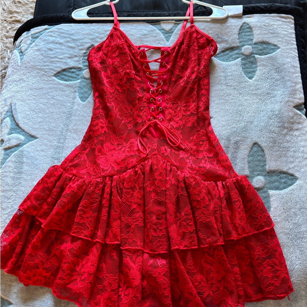Red Lace-Up Ruffled Dress